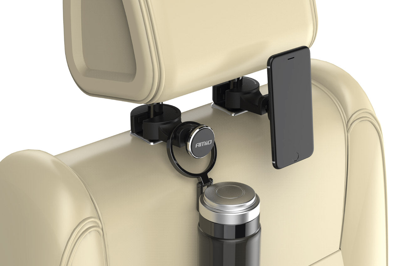 Magnetisk mobilholder monteret ved bilens nakkestøtte