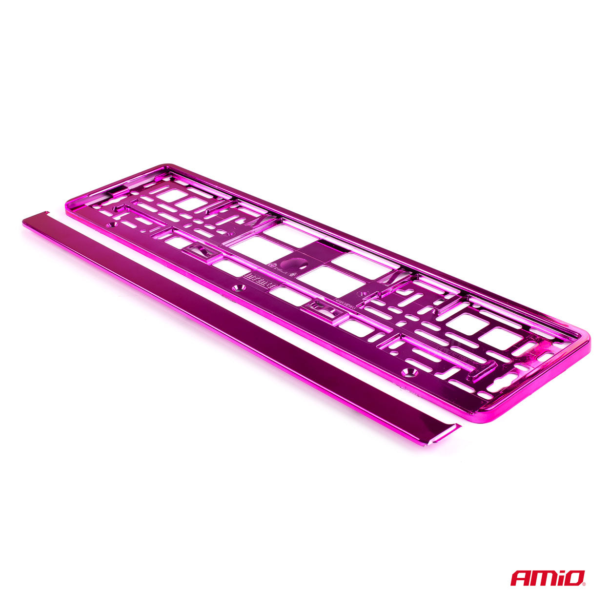 Pink metallic nummerpladeramme set fra siden