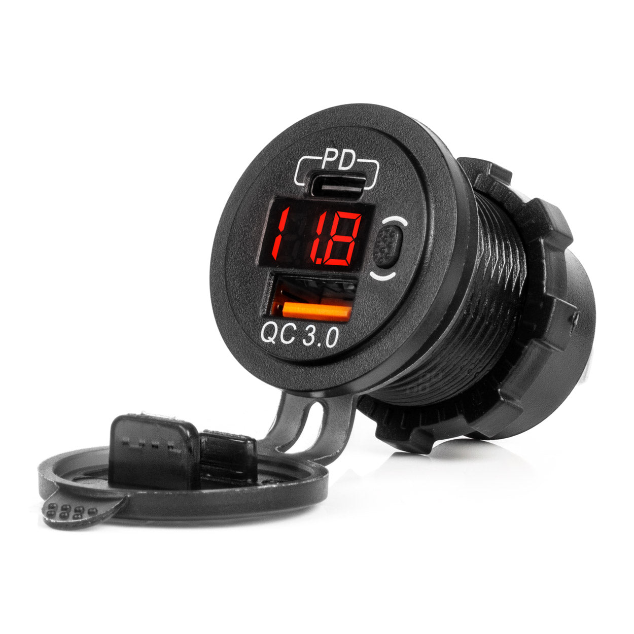 Vandtæt USB-oplader med USB-C, digitalt voltmeter og rød LED-indikator