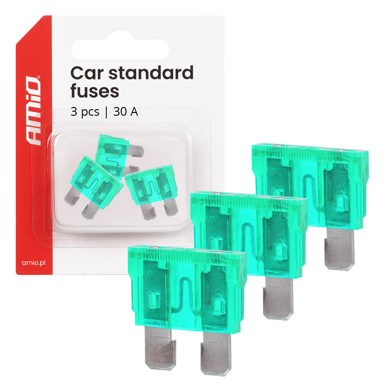 Trije STANDARD avtomobilski varovalke 30A v blister embalaži