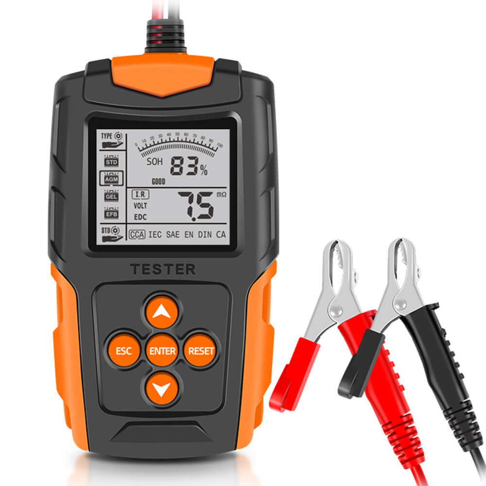 12V/24V tester akumulatorja z LCD-zaslonom in sponkami za sisteme testiranja akumulatorjev.