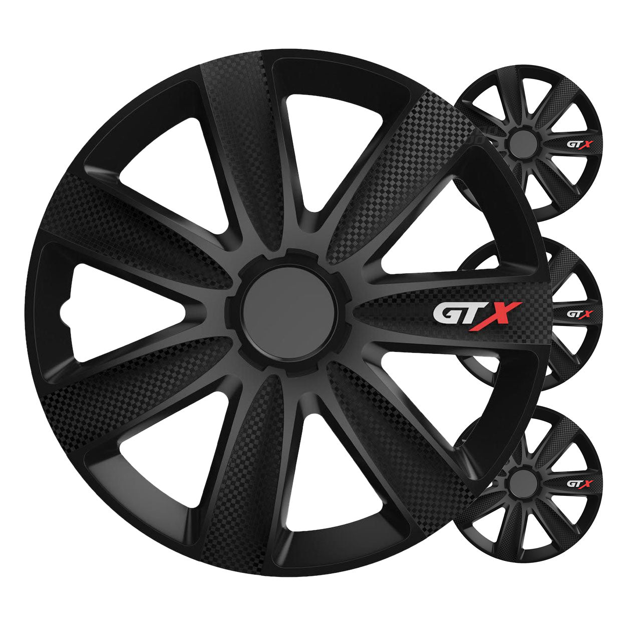 Fire sorte carbonfarvede GTX-hjulkapsler i 16 tommer