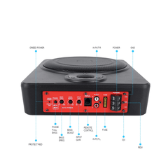 10-palčni slim aktivni avtomobilski subwoofer – 600 W pod sedežem, prikaz priključkov in upravljalnih elementov na zadnji strani.