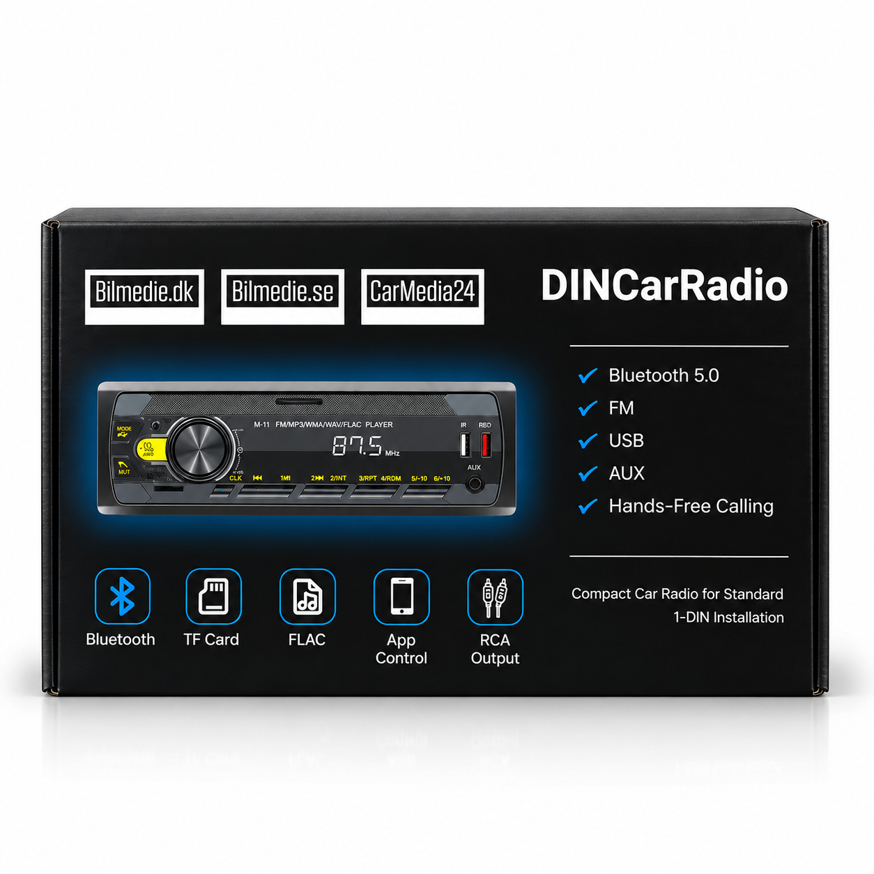 Connect 1-DIN Bilradio med Bluetooth 5.0, FM, USB, AUX & Håndfri - kompakt bilradio med moderne lydfunktioner.