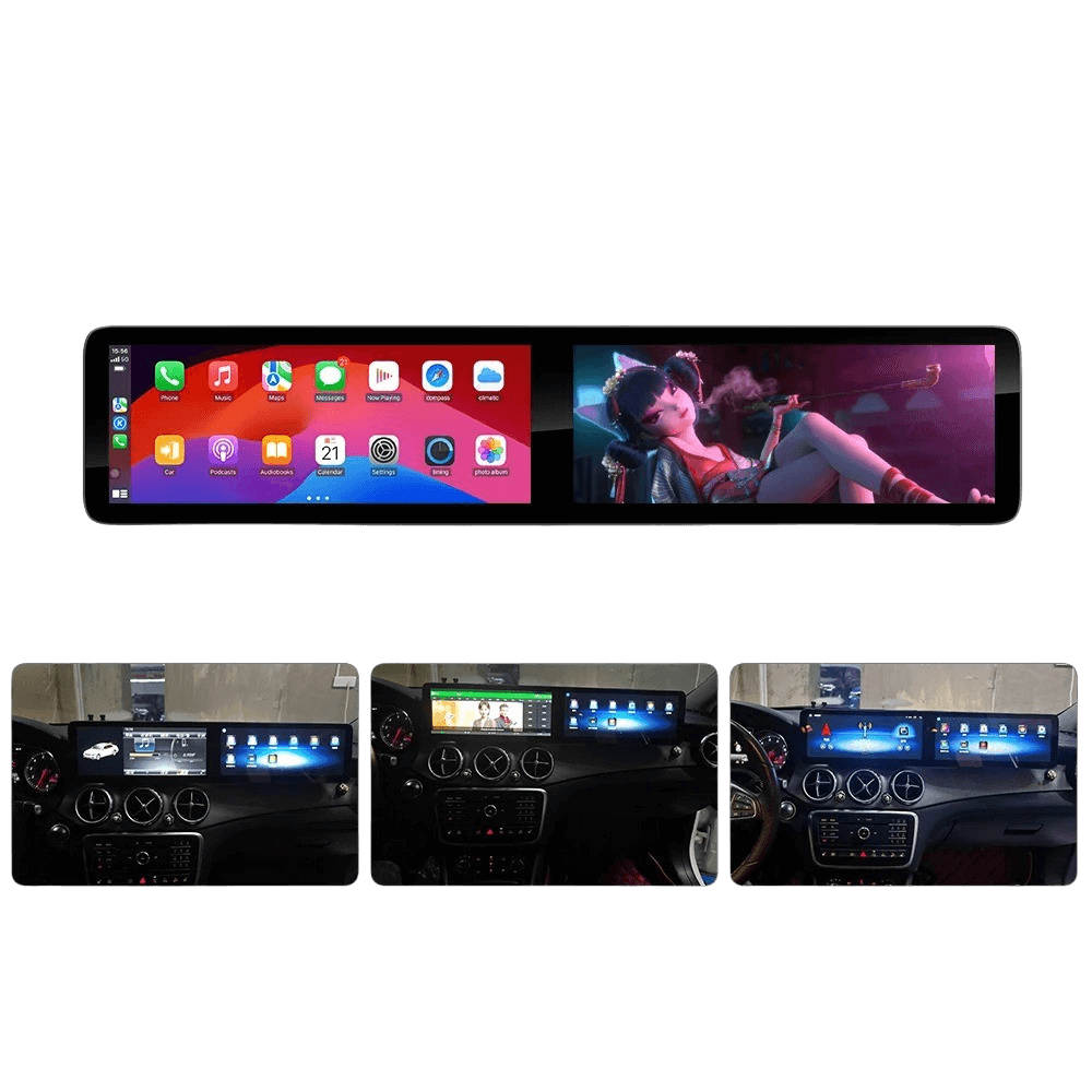Mercedes A/CLA/GLA - 2x 12.3" zaslon z Apple CarPlay in Android Auto, z dvojnim prikazom za notranjost vozila.