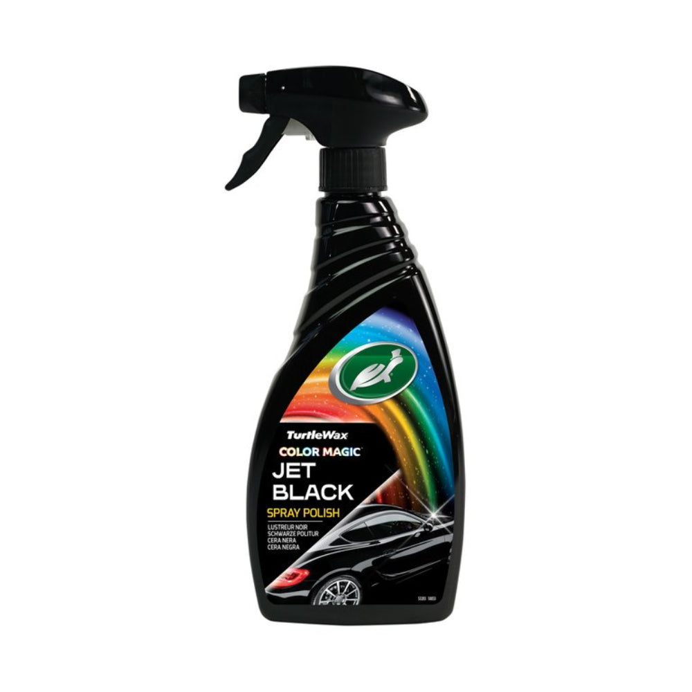 Turtle Wax Hybrid Jet Black Spray Polish bottle, ideal for achieving flawless black finishes.
