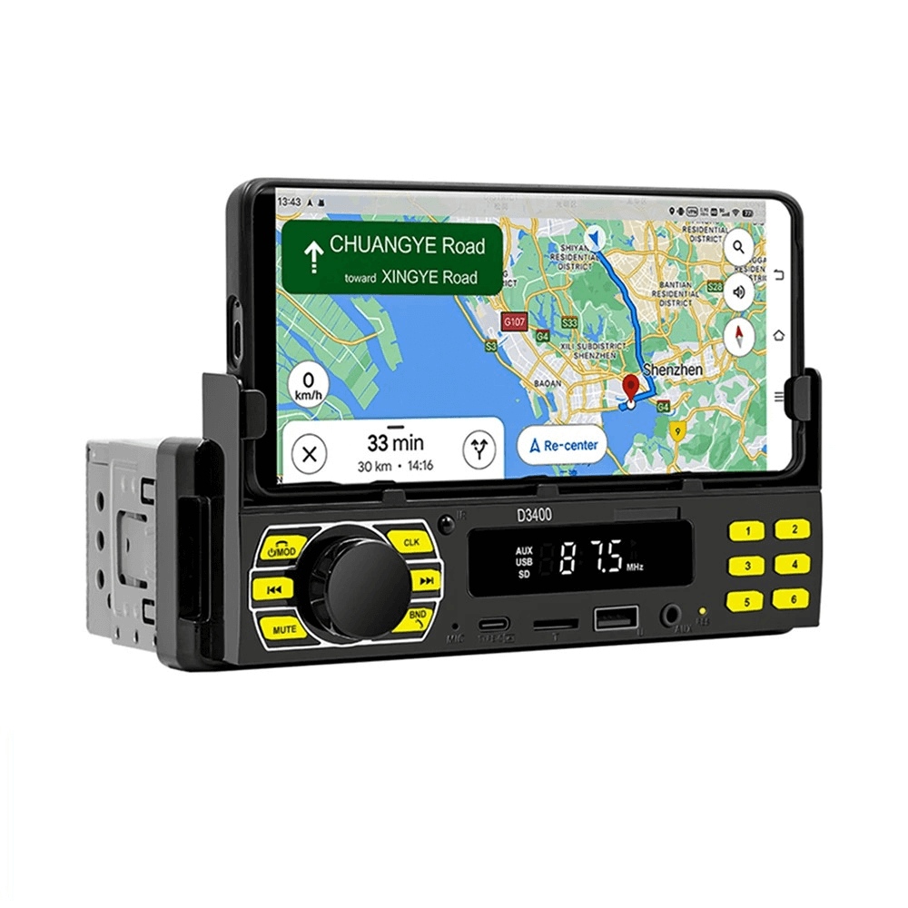 Univerzalni 1-DIN avtoradio z držalom za telefon, USB-C in Bluetooth 5.1 z GPS-navigacijo na telefonu.