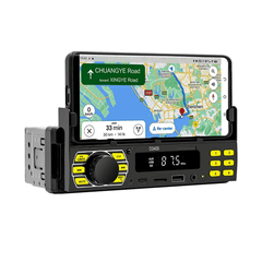 Univerzalni 1-DIN avtoradio z držalom za telefon, USB-C in Bluetooth 5.1 z GPS-navigacijo na telefonu.
