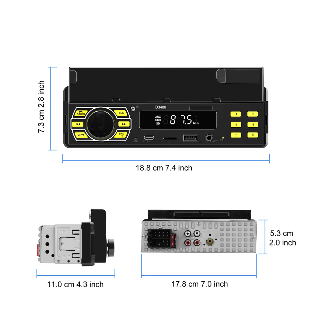 Univerzalni 1-DIN avtoradio z držalom za telefon, USB-C in Bluetooth 5.1 z digitalnim zaslonom in priključki.