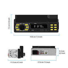 Univerzalni 1-DIN avtoradio z držalom za telefon, USB-C in Bluetooth 5.1 z digitalnim zaslonom in priključki.