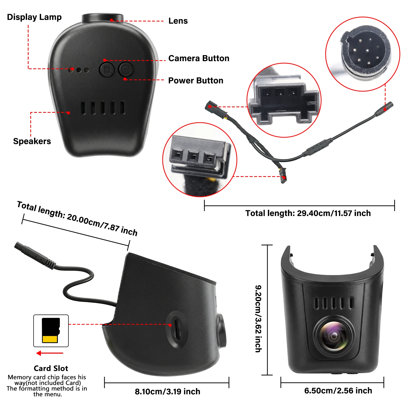 Podroben pogled na Audi dashcam 4K v slogu OEM, ki prikazuje komponente, kot so leča, gumbi in reža za kartico.