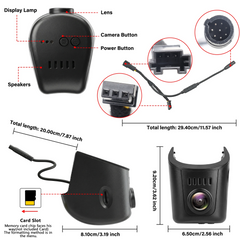 Podroben pogled na Audi dashcam 4K v slogu OEM, ki prikazuje komponente, kot so leča, gumbi in reža za kartico.