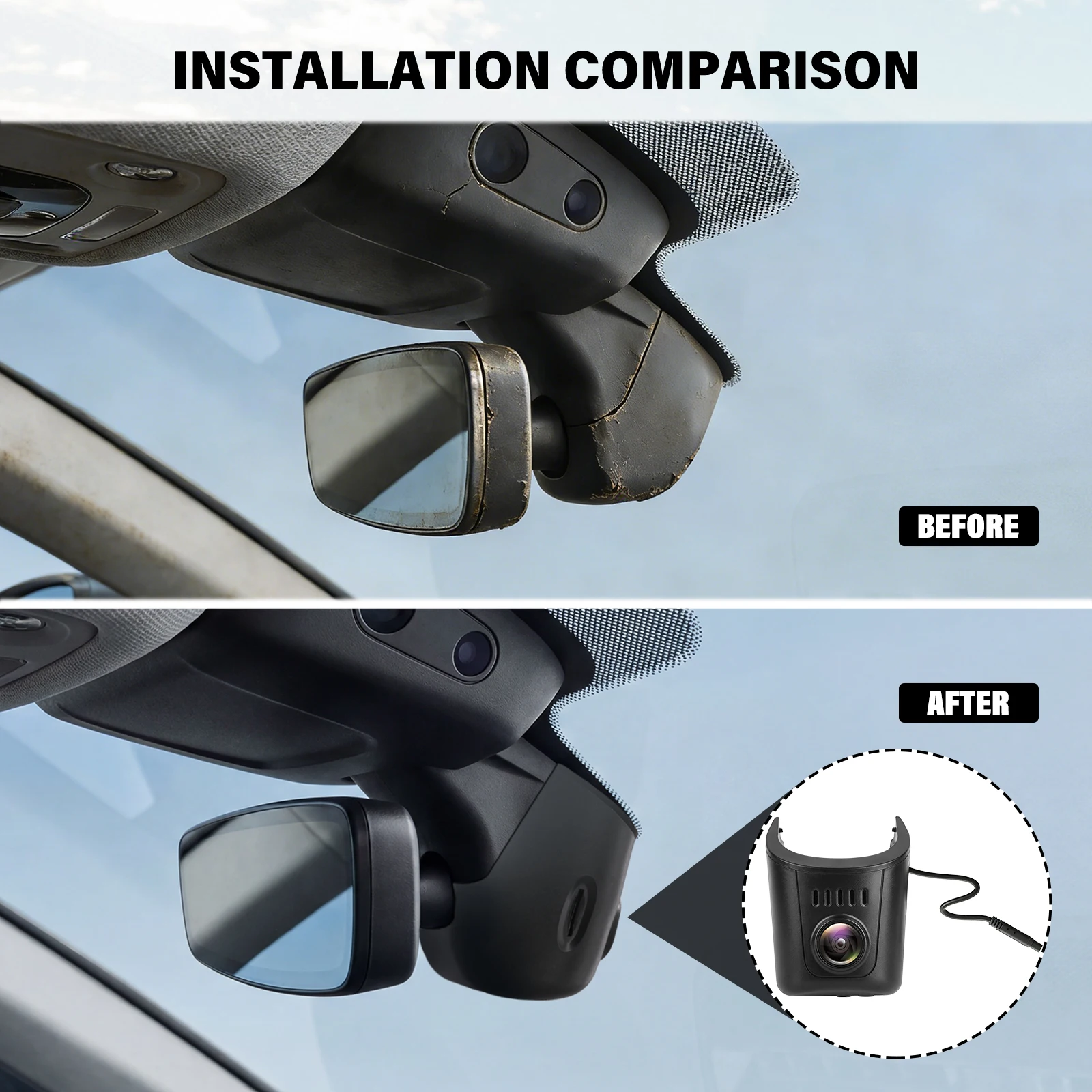 Primerjava vgradnje Audi dashcam 4K v slogu OEM s prikazom stanja pred in po namestitvi.