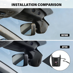 Primerjava vgradnje Audi dashcam 4K v slogu OEM s prikazom stanja pred in po namestitvi.