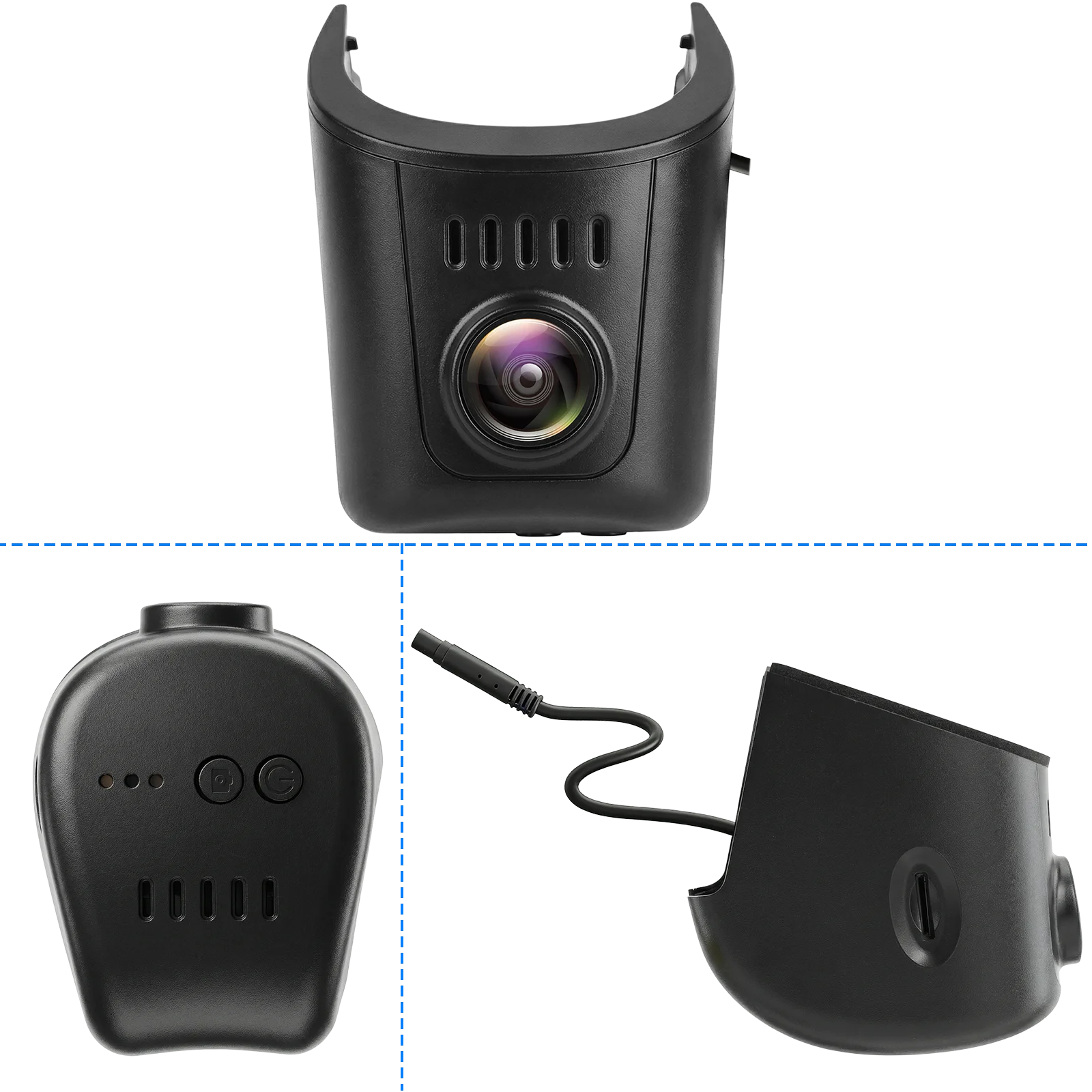 Audi dashcam 4K v slogu OEM – pogled od spredaj in s strani, ki prikazuje elegantno zasnovo in integrirano lečo za diskretno vgradnjo.