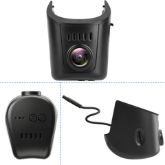 Audi dashcam 4K v slogu OEM – pogled od spredaj in s strani, ki prikazuje elegantno zasnovo in integrirano lečo za diskretno vgradnjo.