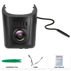 Audi dashcam 4K v slogu OEM z vključenim orodjem za montažo, kablom in navodili za uporabo.