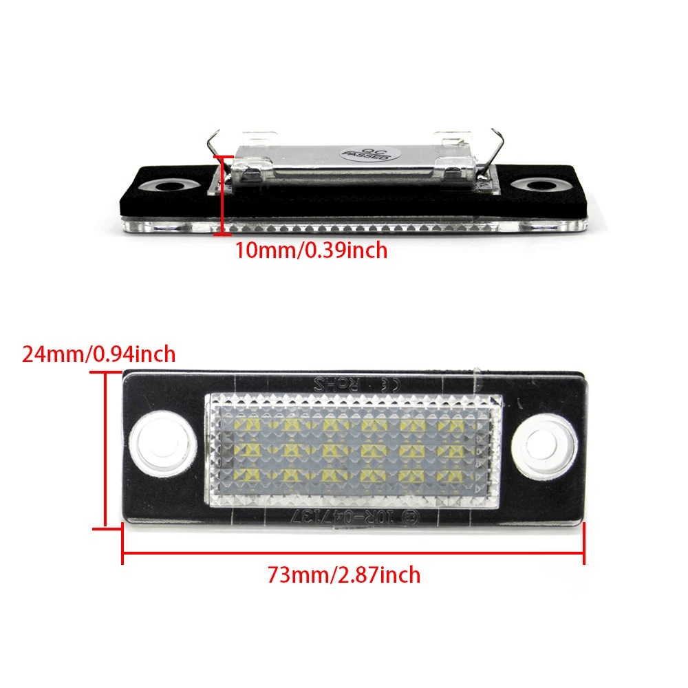 LED osvetlitev registrske tablice VW & Skoda – CANBUS (Golf 5, Passat, Touran in drugi) z merami in podrobnostmi.