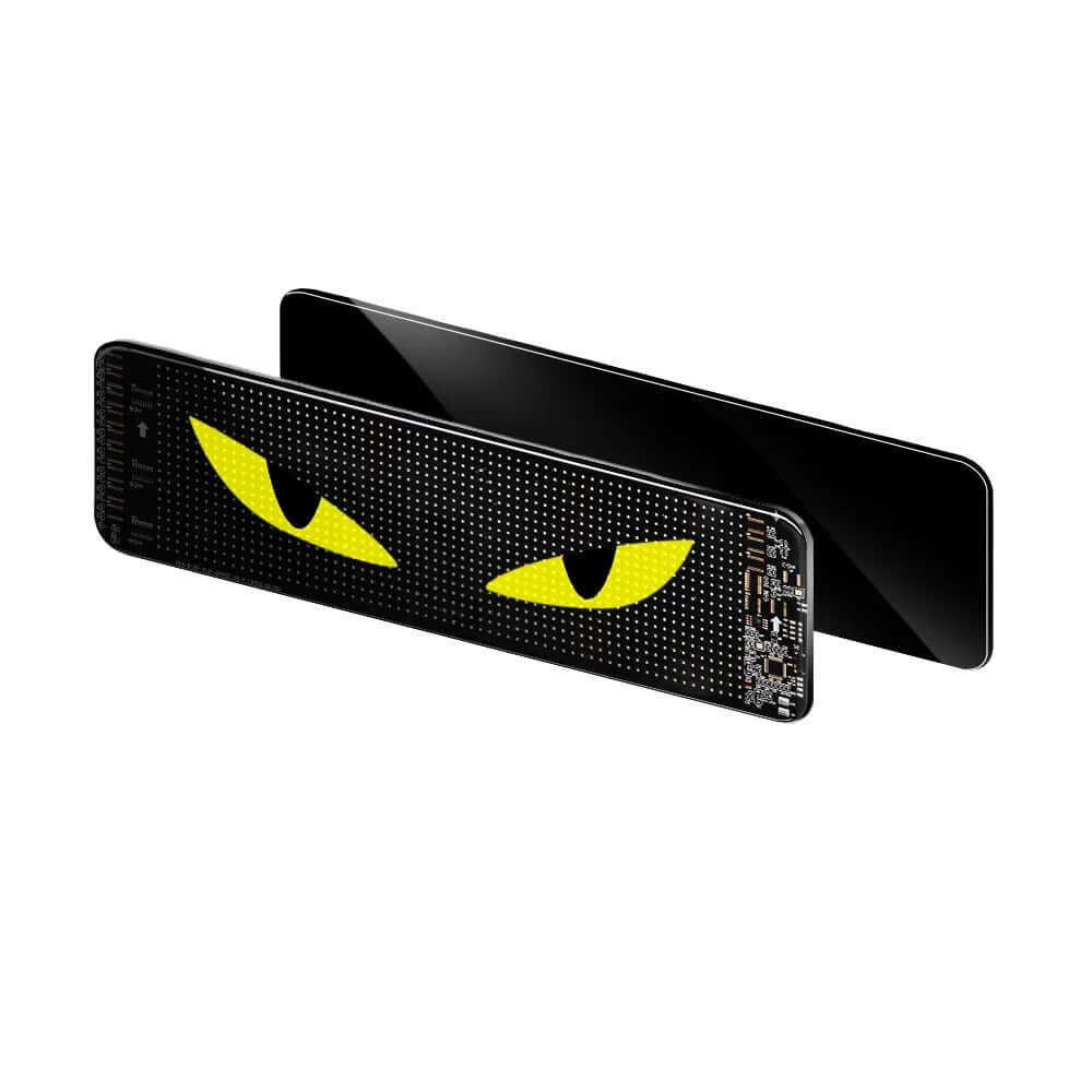 LED prikazovalnik za vetrobransko steklo – fleksibilni matrični zaslon z Bluetooth (110×492 mm) z rumenimi očmi.