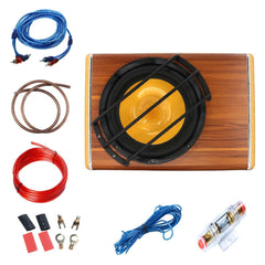 Avtomobilski subwoofer 200W RMS – prtljažniški bas 3800W z dodatki in kabli za namestitev.