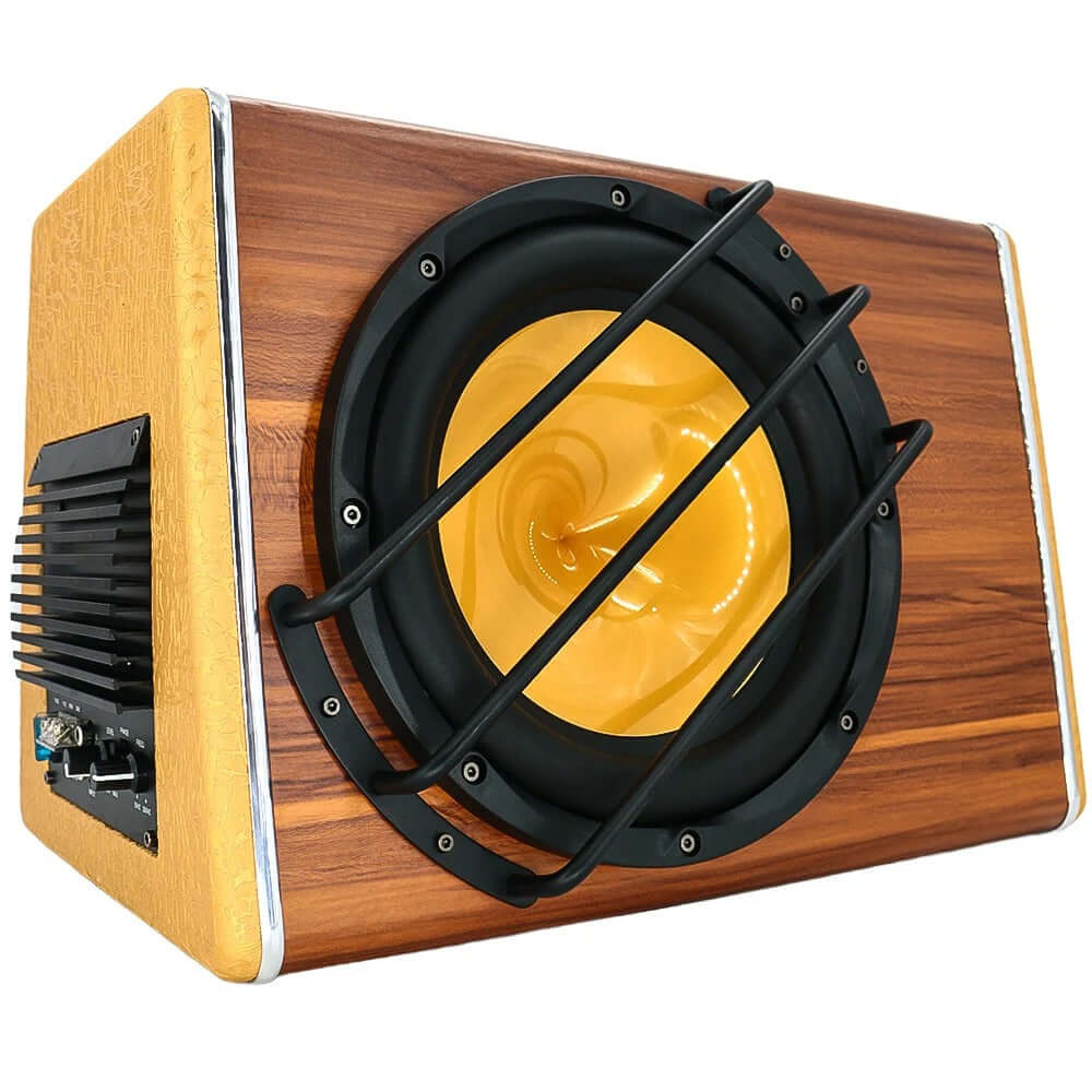 Avtomobilski subwoofer 200W RMS – prtljažniški bas 3800W z lesenim videzom in veliko zvočniško enoto