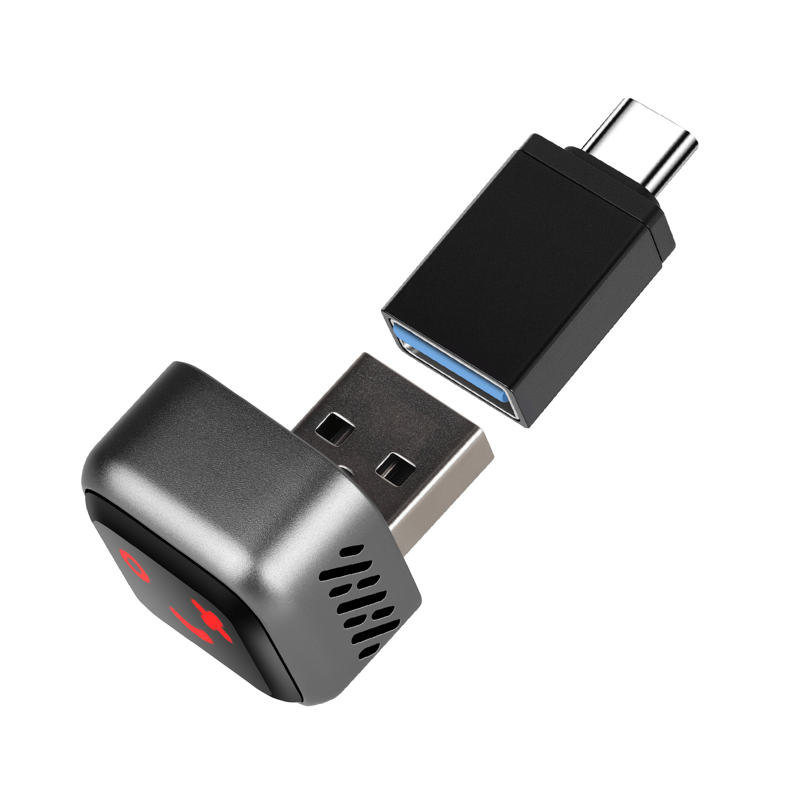 Mini brezžični adapter za CarPlay in Android Auto (5.8GHz – Plug & Play) z USB in USB-C priključkoma.