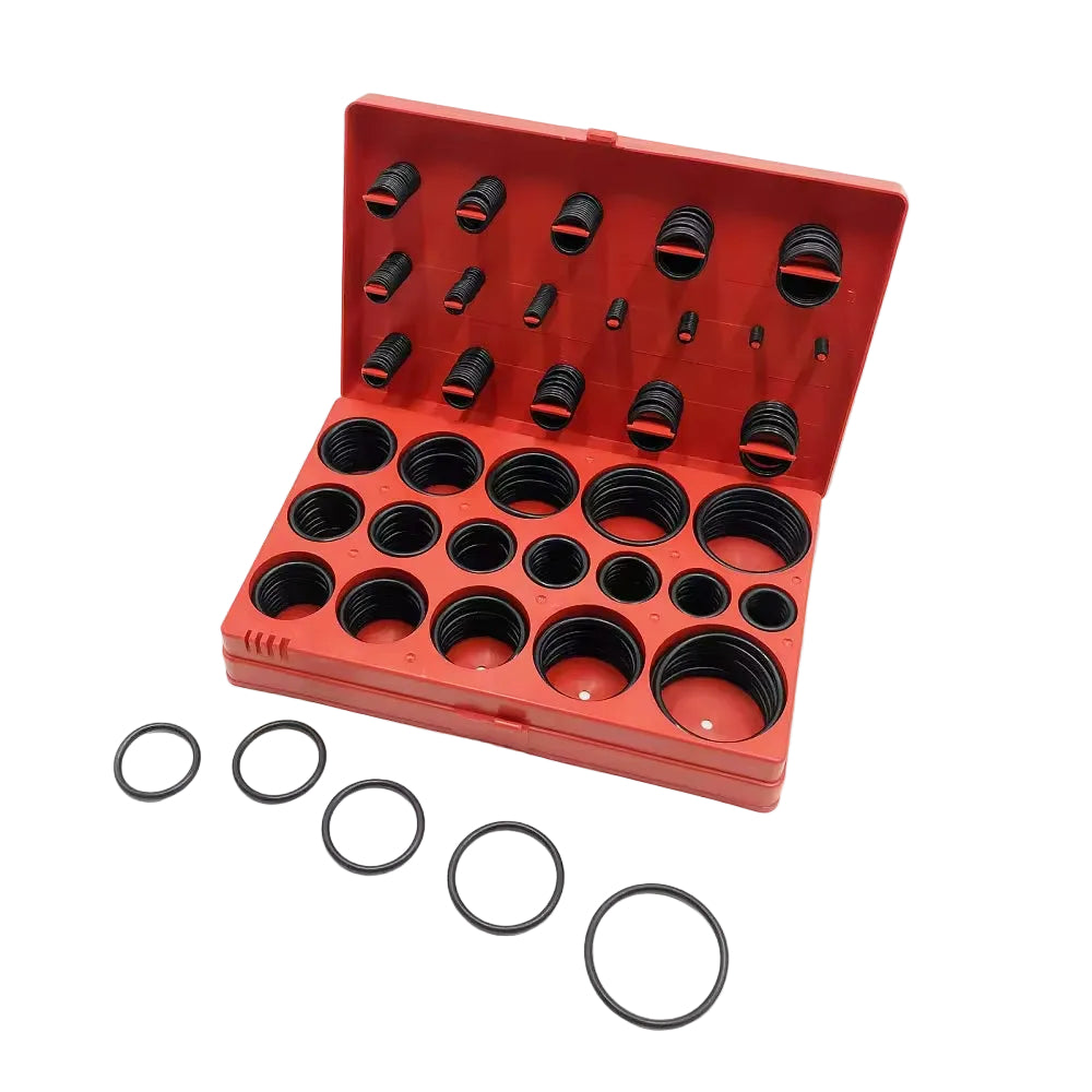 Komplet O-ring set z 419 deli v rdeči plastični škatli z pregledno razporejenimi O-tesnili v različnih velikostih.