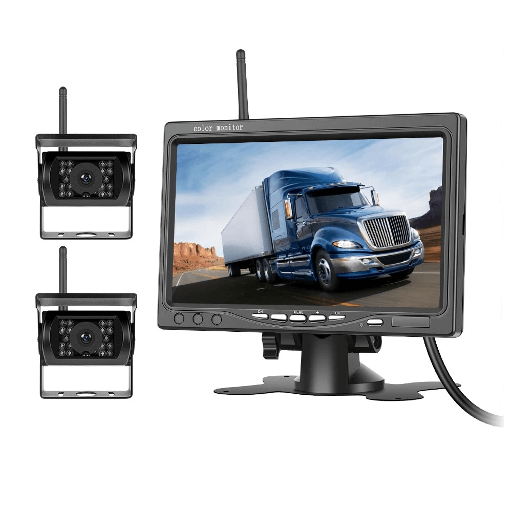 Brezžični komplet vzvratne kamere s 7-palčnim IPS-zaslonom in 2 kamerama – 1080P AHD, idealen za nadzor pri tovornjakih in večjih vozilih.